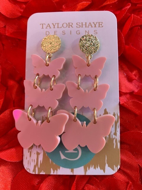 Taylor Shaye Triple Butterfly Earrings, Pink