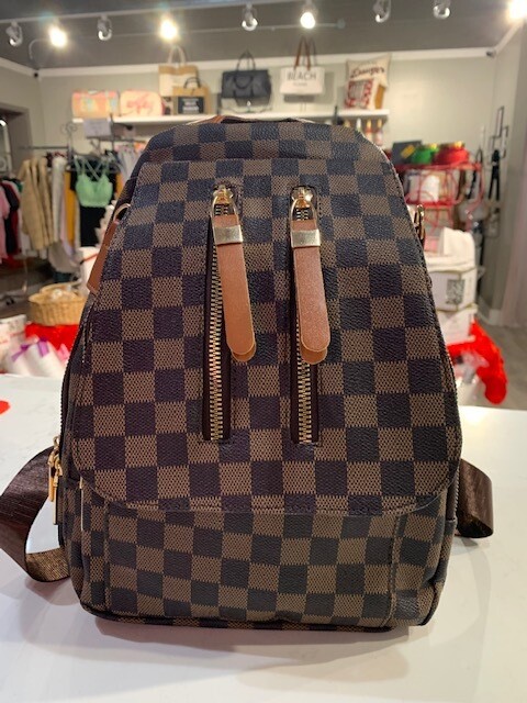 Brown Checkered Pattern, Vegan Leather Backpack
