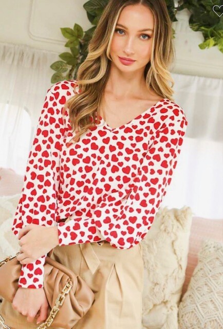 Balloon Sleeve V Neck Heart Top