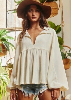 Split Neck Gauze Top, Cream