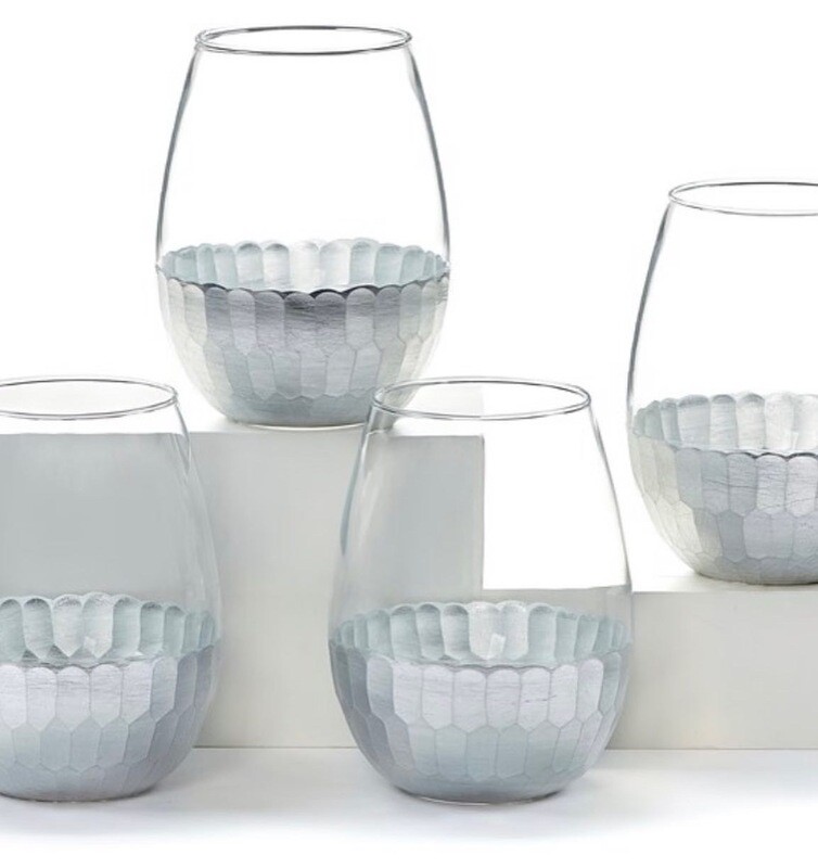 Set Of 4, 20oz. Glass Stemless Wine Glasses, Silver