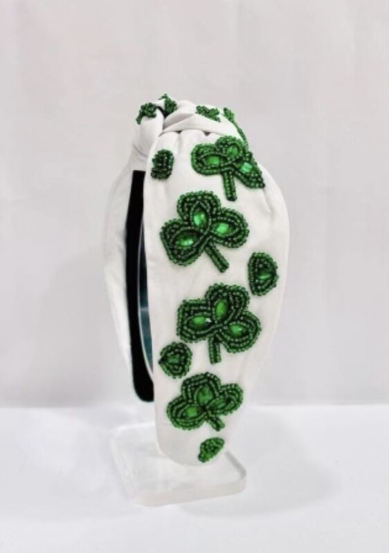 Beaded Headband, White with Green Shamrocks