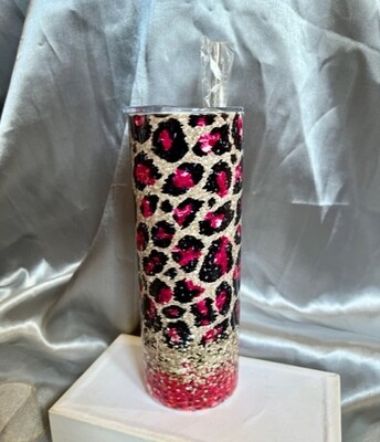 Stainless Steel Tumbler (with straw), Pink Cheetah