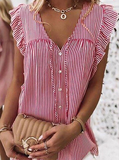 V Neck Ruffle Striped Top, Red