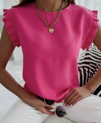 Round Neck, Pleated Sleeve Top, Rose Pink