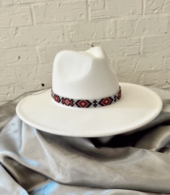 Wide Brim Hat with Aztec Beaded Band, Crisp White