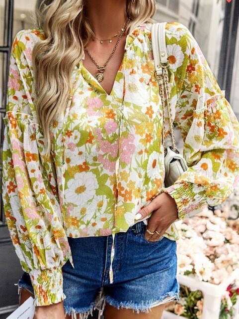 Floral Print V Neck Top, Yellow