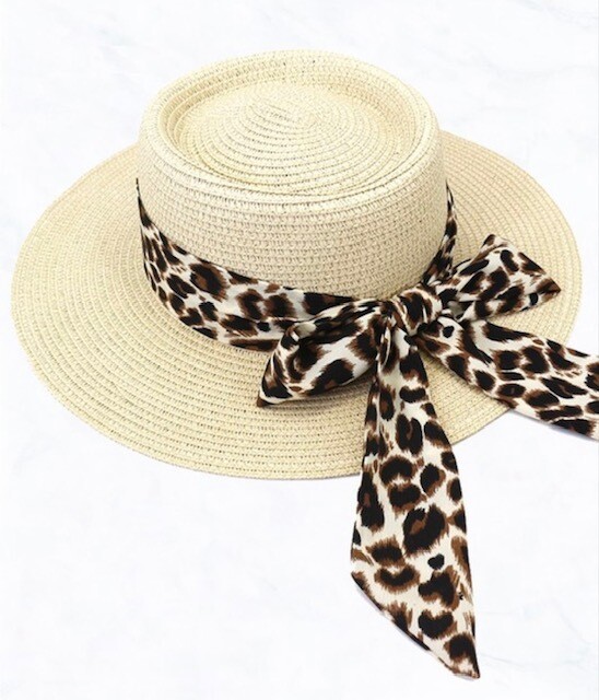 Unisex Straw Sun Hat with Leopard Scarf, Ivory