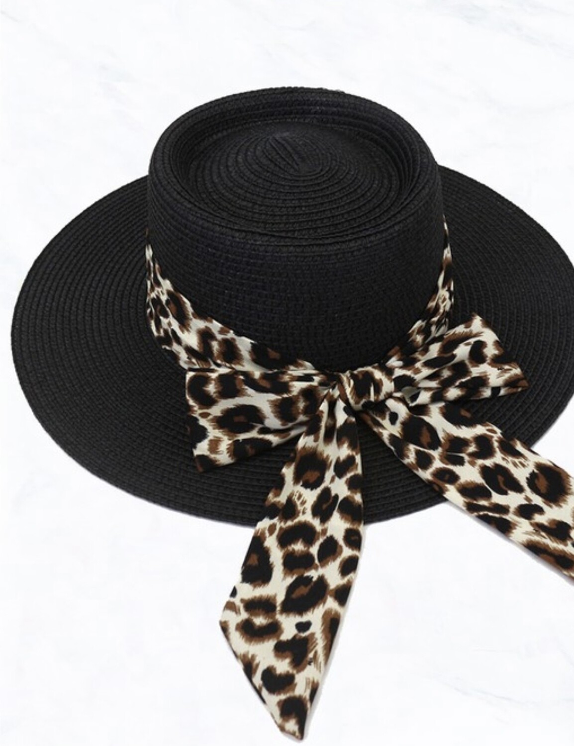 Unisex Straw Sun Hat with Leopard Scarf, Black