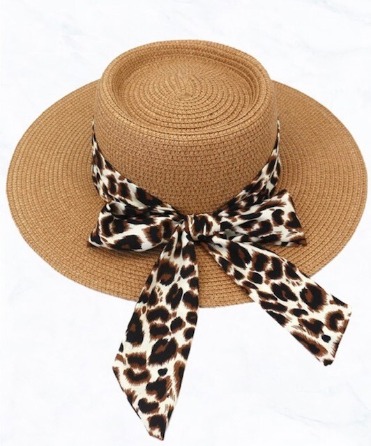 Unisex Straw Sun Hat with Leopard Scarf, Khaki