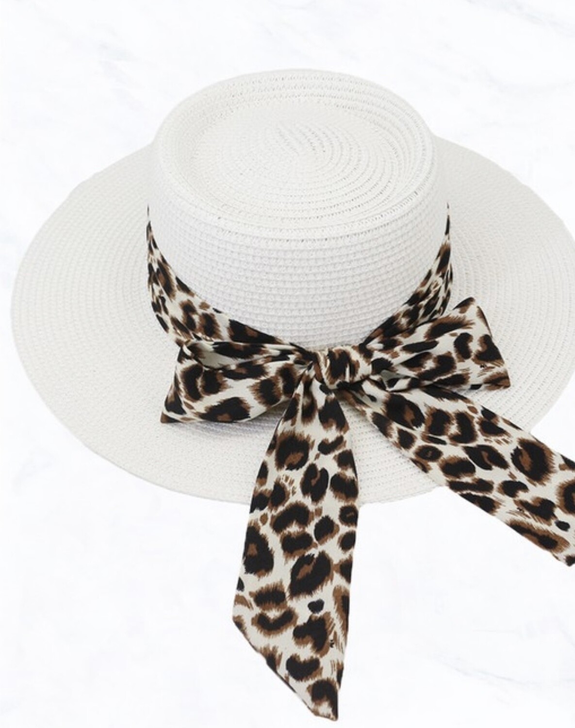 Unisex Straw Sun Hat with Leopard Scarf, White