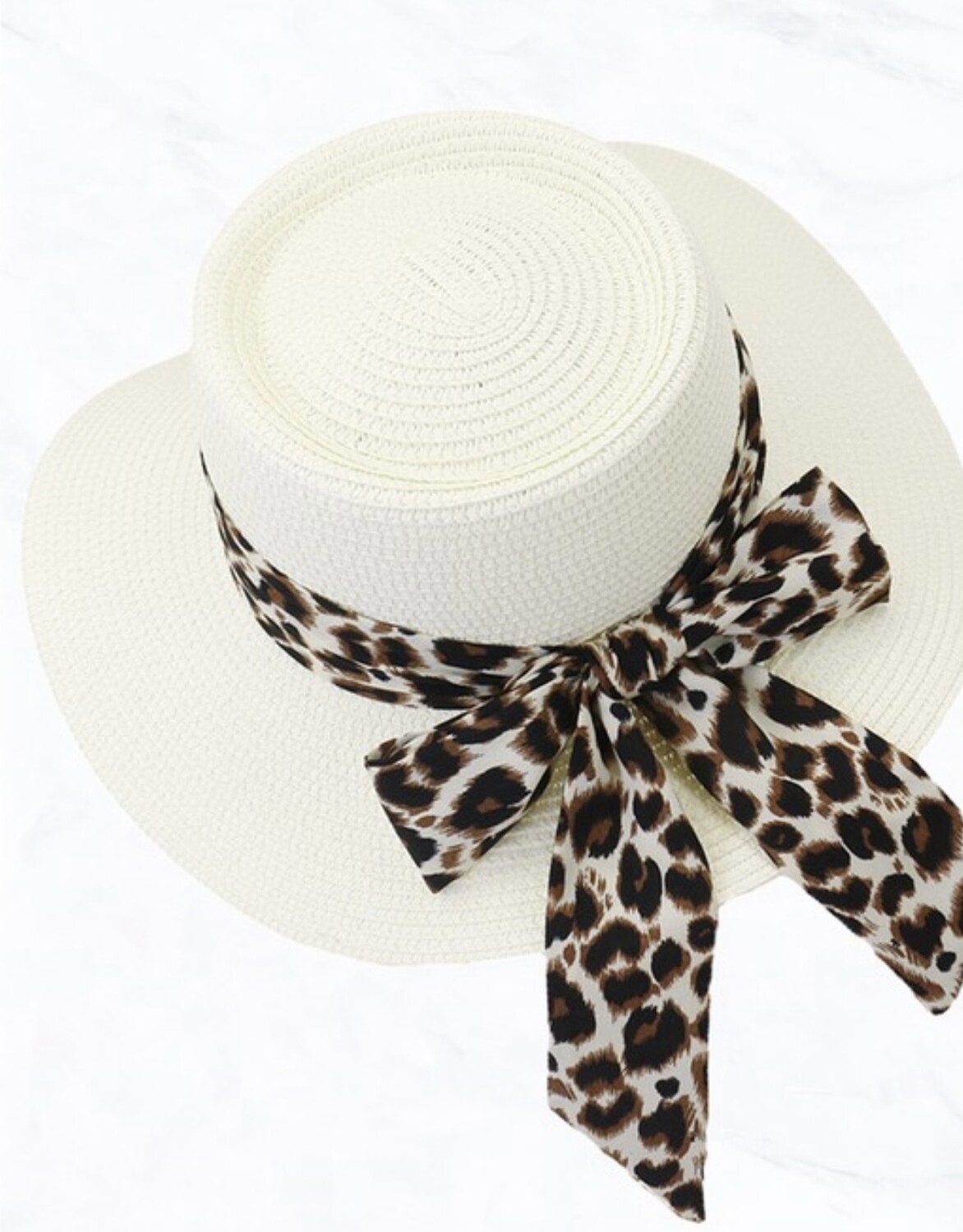 Unisex Straw Sun Hat with Leopard Scarf, Beige