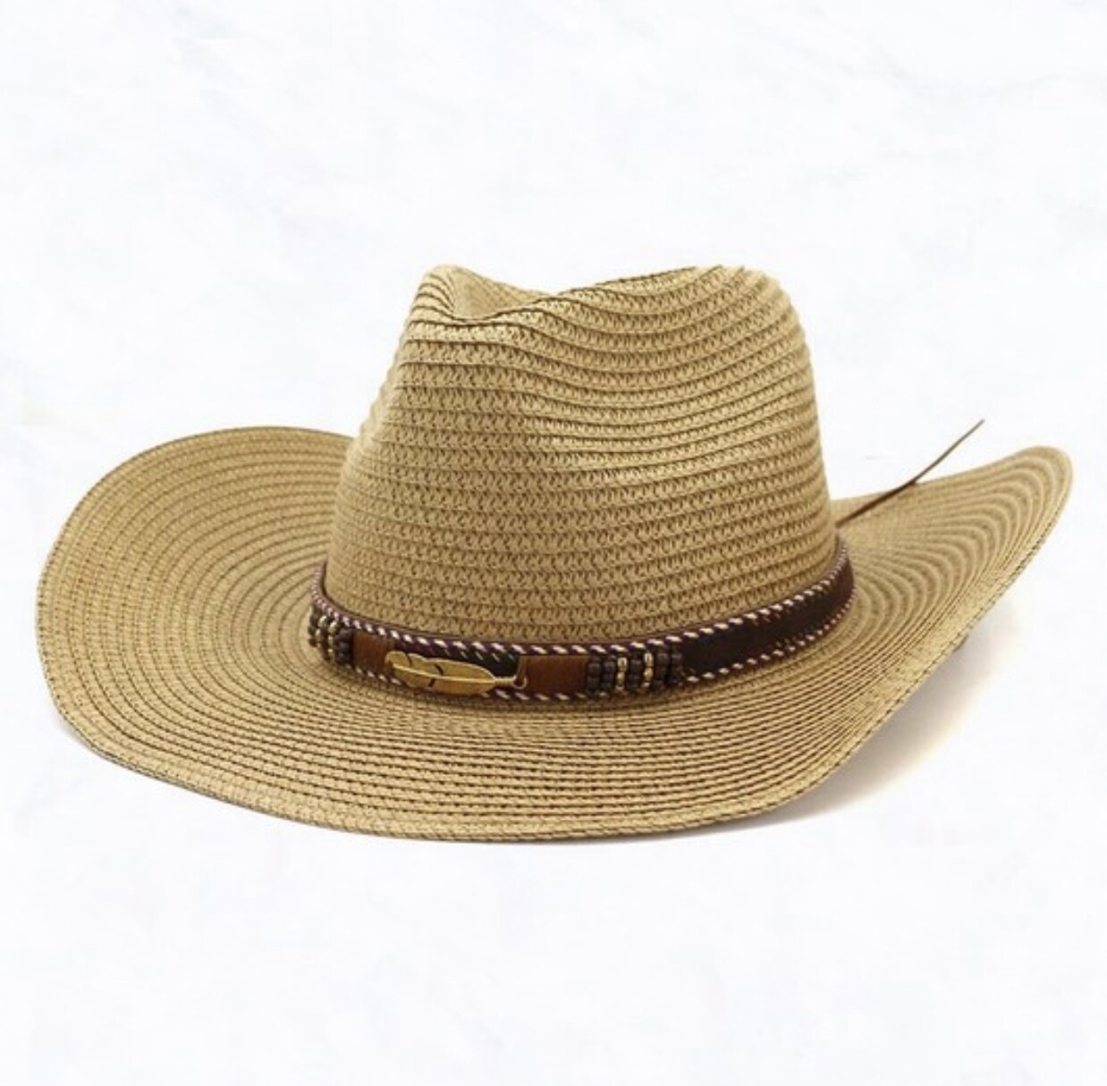 Leather Belt Western Cowboy Straw Hat, Khaki