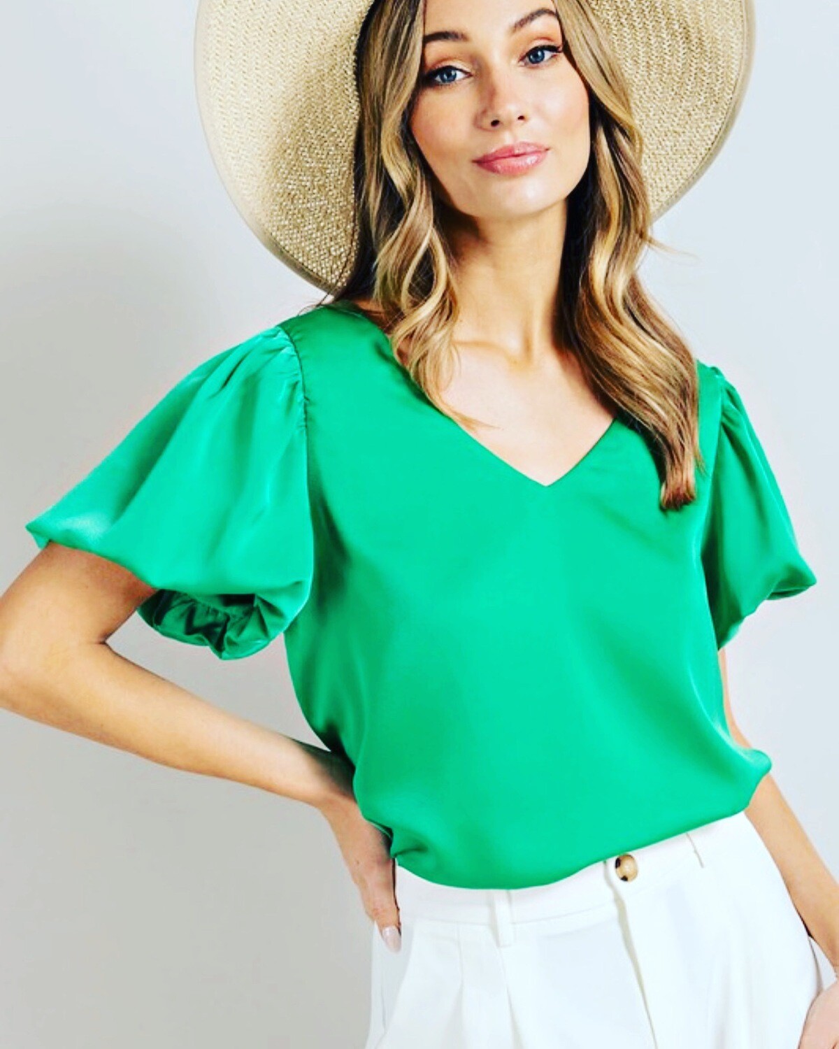 V Neck, Puff Sleeve Top, Kelly Green