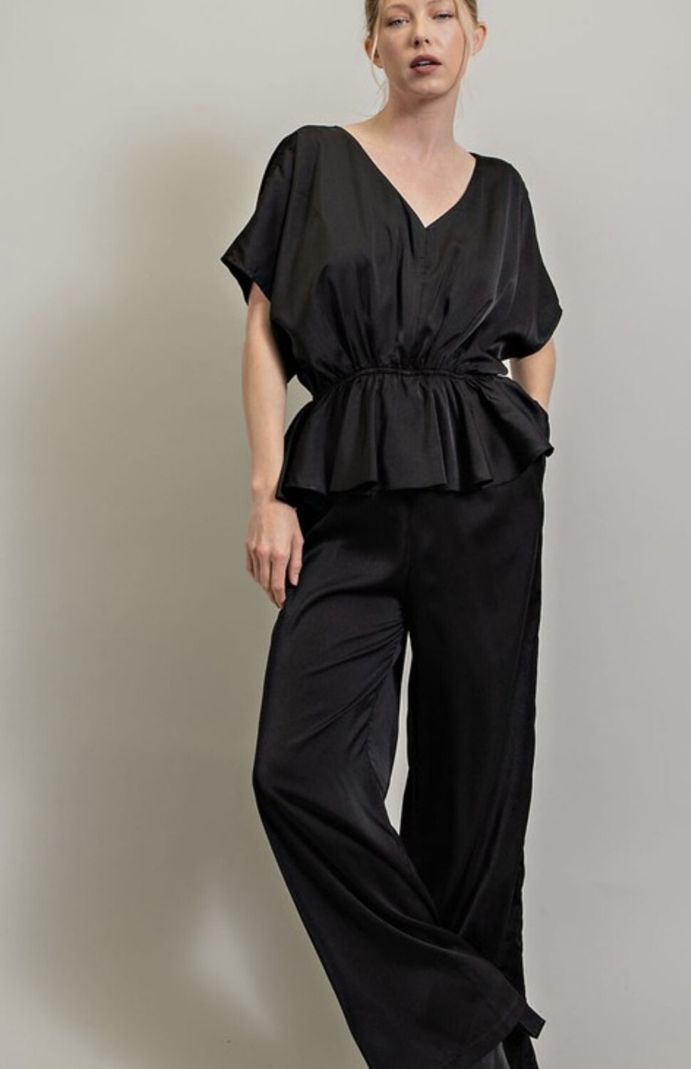 V Neck Elastic Waist Jumpsuit, Black