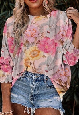 Oversized Floral 3\4 Sleeve Top, Pink