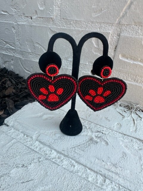 SL Heart Paw Earrings, Black/Red