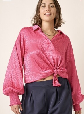 Patterned Satin Shirt, Pink Leopard