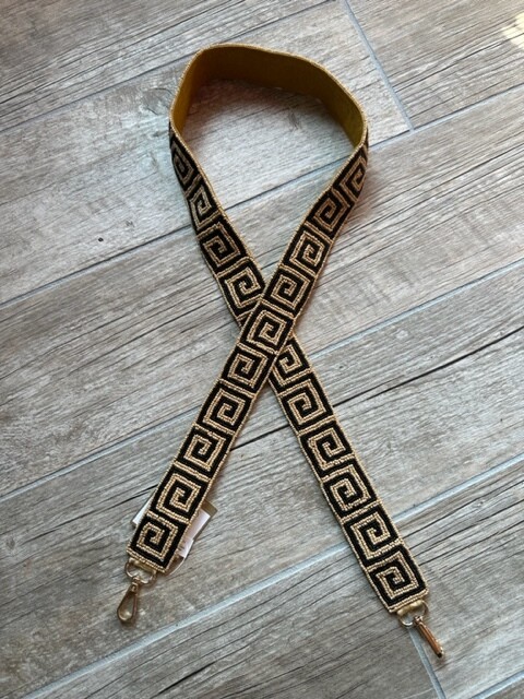 RS Greek Key Beaded Purse Strap, Black &amp; Camel