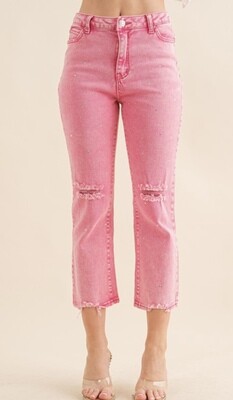 Studded Disttess Knee HR Jean, Pink