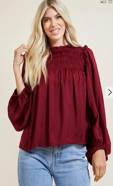 Smocked Balloon Sleeve, Wine