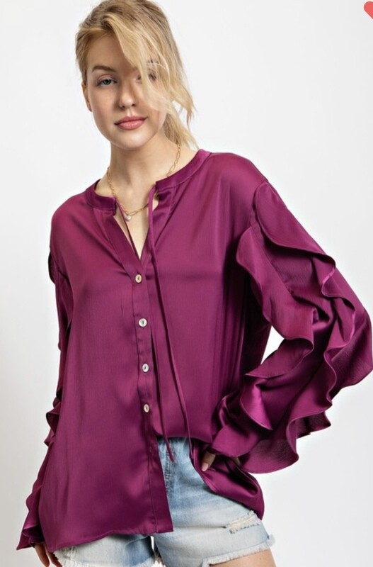 Ruffle Sleeve Top, Faded Plum