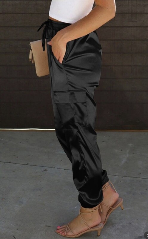 Satin Drawstring Waist Pant, Black