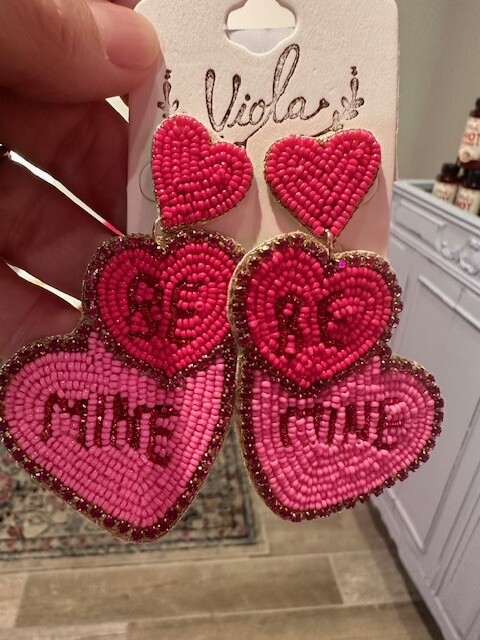 Be Mine Beaded Hearts Earrings, Pink