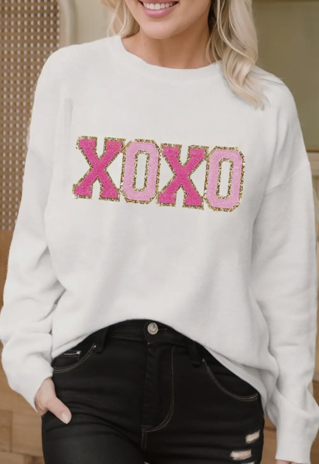 XOXO Patch Sweater, White