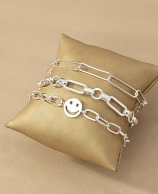 Three Link Chain Bracelet Set with Smiley Face Charm, Silver