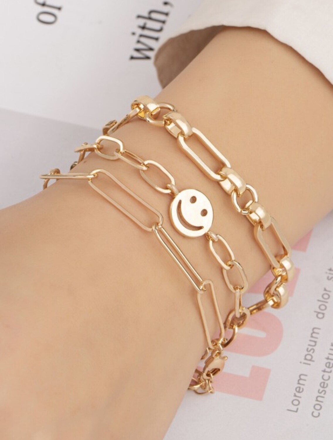 Three Link Chain Bracelet Set with Smiley Face Charm, Gold