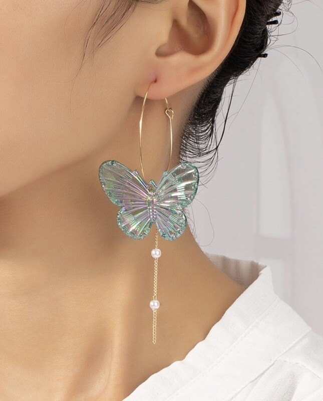 Iridescent Butterfly Hoop Dangle, Blue/Green