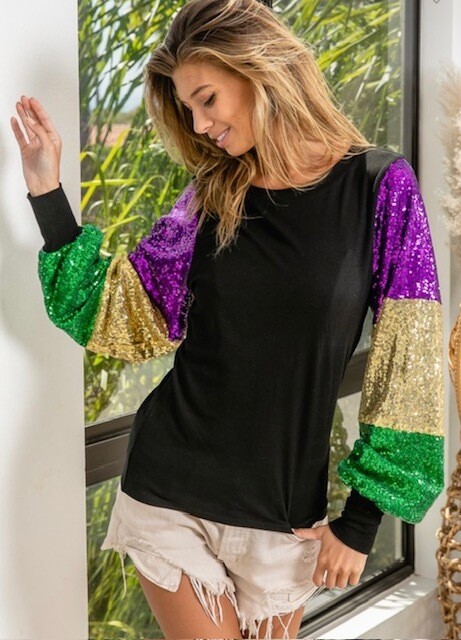 Color Block Sequin Sleeve Top, Mardi Gras