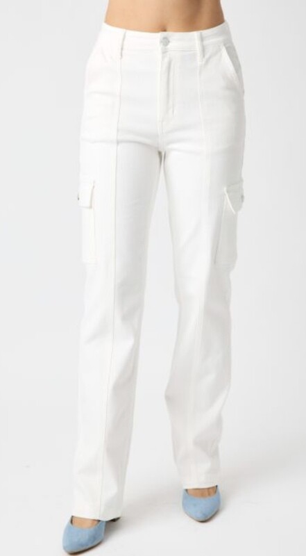 Judy Blue HW Cargo Straight Leg Pant, White