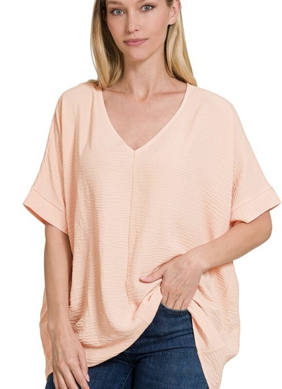 V Neck Top, Dolman Sleeve, Peach