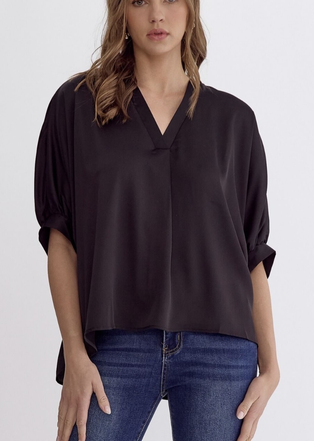 Satin Dolman Sleeve Top, Black