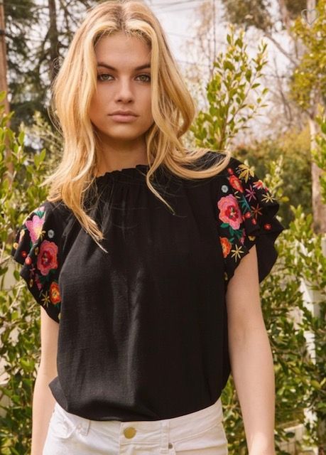 Embroidary Sleeve Top, Black