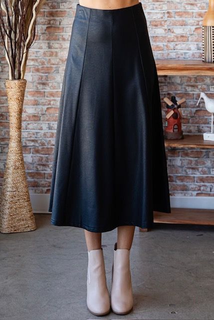 Faux Leather A-Line Midi Skirt, Black