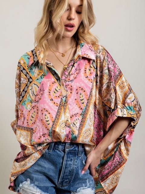 Satin Button Down Top, Multi