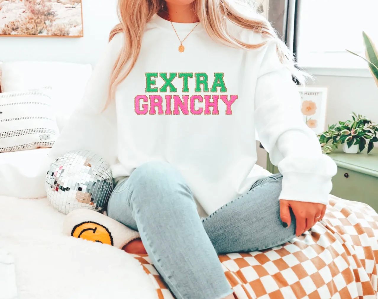 Extra Grinchy Faux Chenille Sweatshirt, White