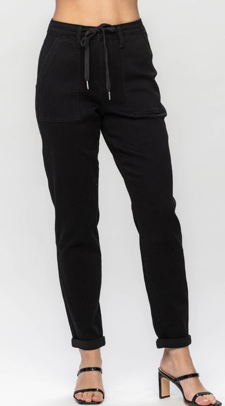 High Waist Double Roll Cuff Joggers, Black