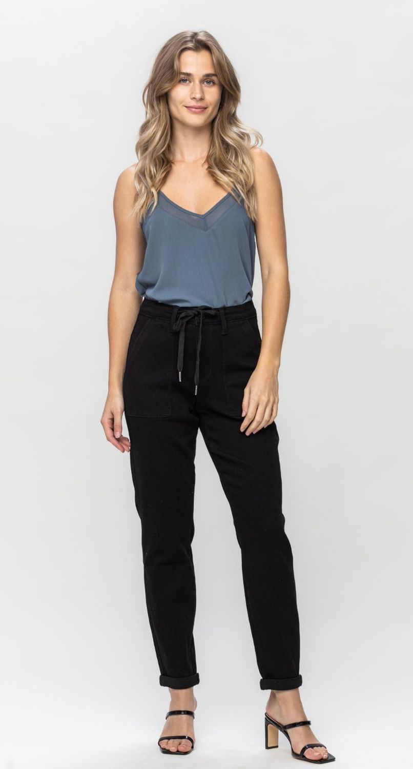 High Waist Double Roll Cuff Joggers, Black