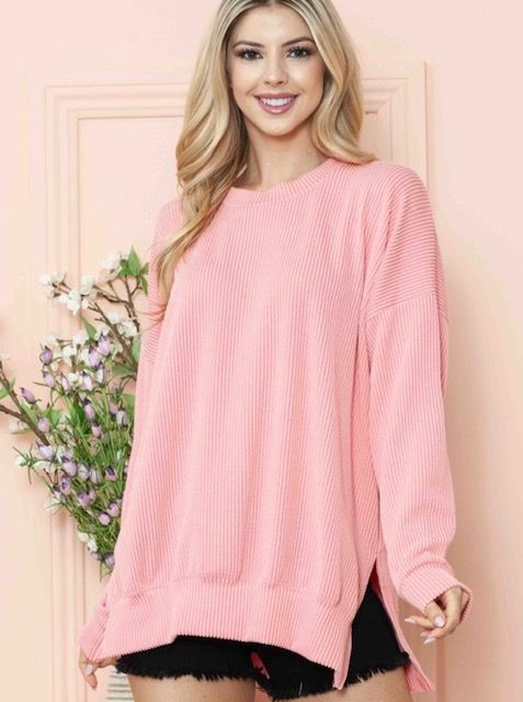 Ribbed Top with Side Slit, Salmon
