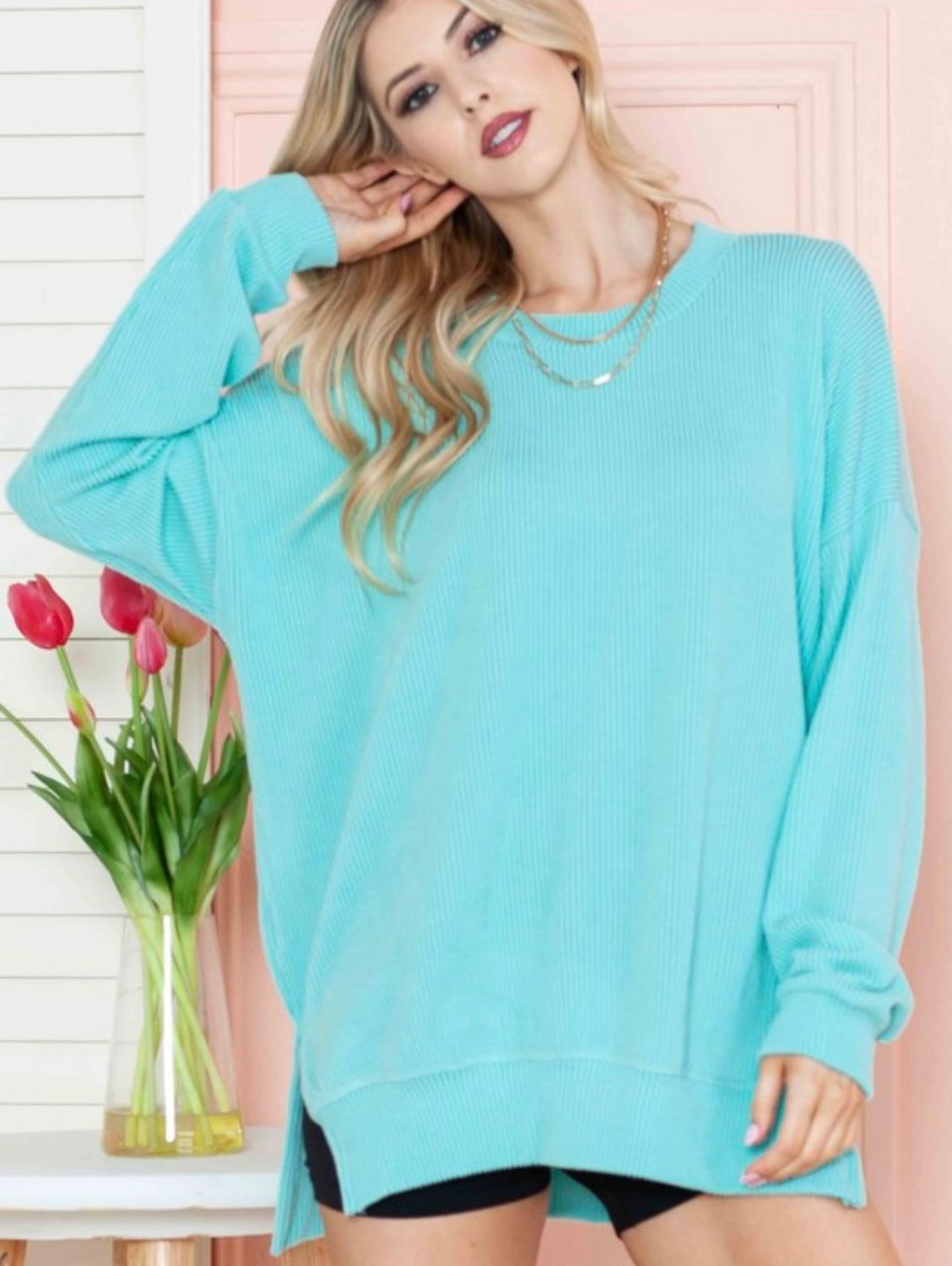 Ribbed Top with Side Slit, Sapphire