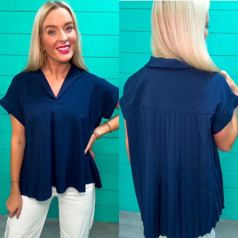 Pleated Back Top, Navy