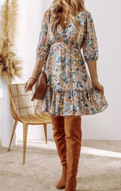 Fall Floral V Neck Dress