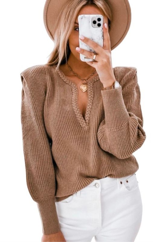 Braided Trim V Neck Sweater, Brown