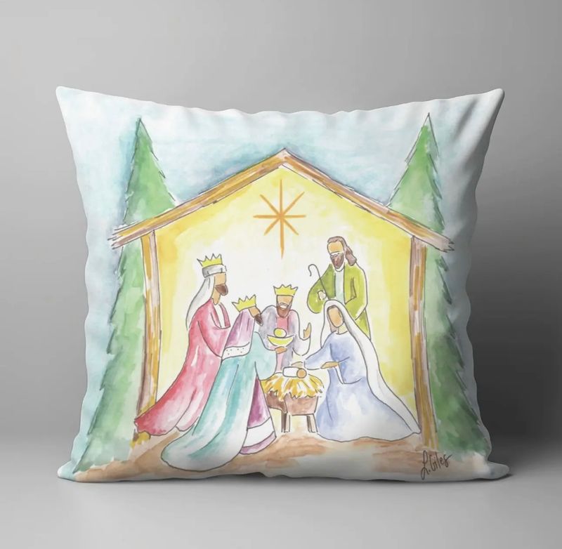 LB Watercolor Nativity Pillow (18x18)