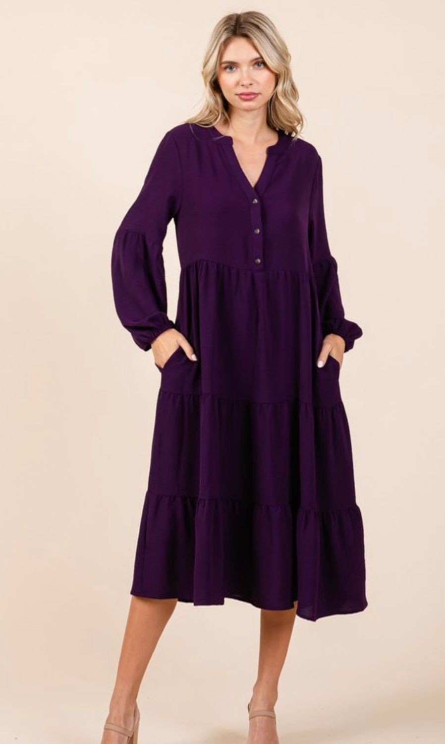 Tiered V Neck Midi Dress, Deep Purple