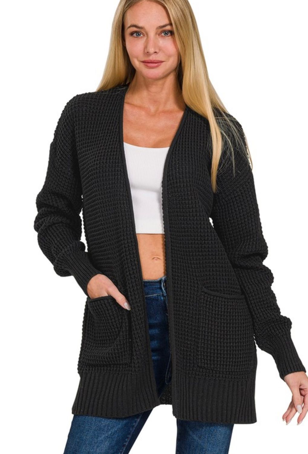 Waffle Open Cardigan, Black